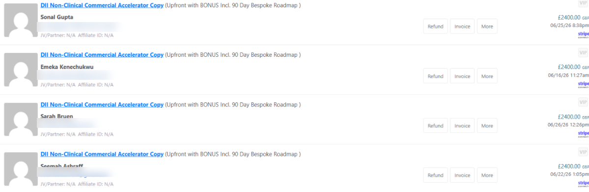 Real transaction records from the June 16th event showing multiple £2,400 sales via Stripe